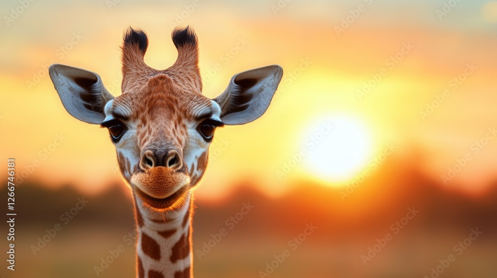 Fototapeta premium Giraffe Calf Faces Sunrise in Savanna