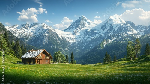 Ai generated wooden chalet nestled in a blooming meadow with majestic snow-capped mountains in the background photo