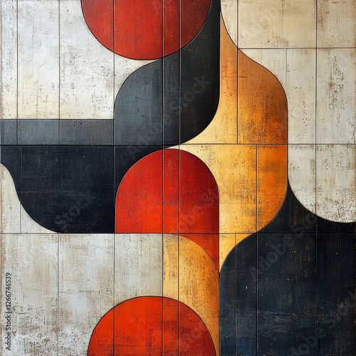 Abstract Geometric Composition Featuring Bold Colors and Curvilinear Forms with Textured Background in Artistic Modern Style