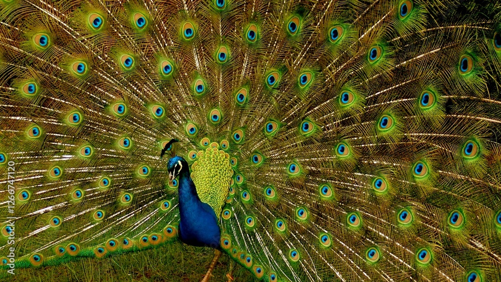 Obraz premium A peacock showcases its dazzling plumage in an outdoor environment filled with greenery. The vibrant colors and intricate patterns draw attention, highlighting nature's beauty