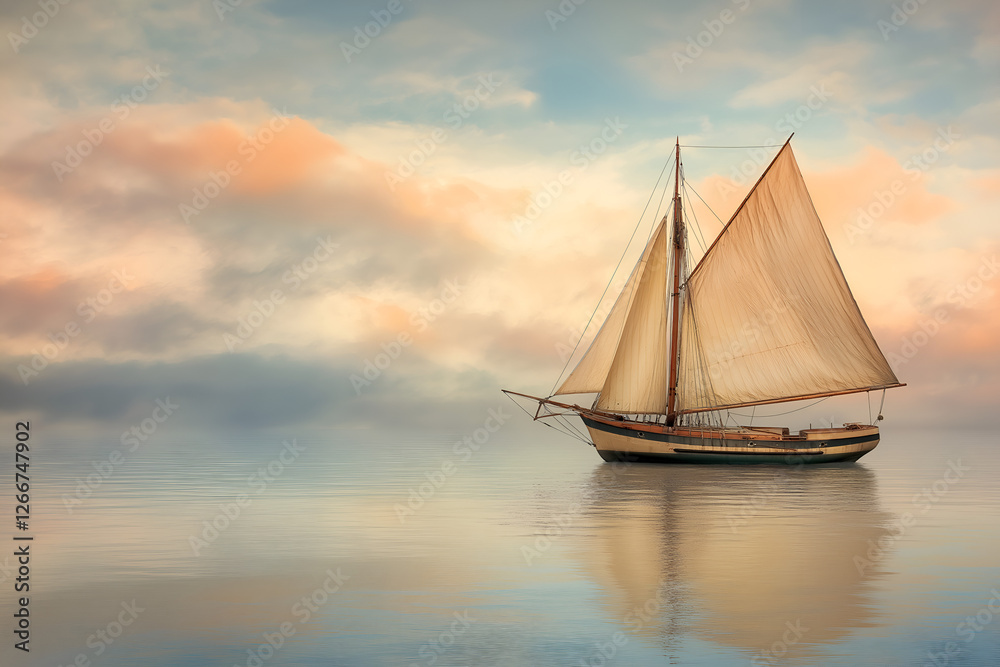 A sailboat sailing on the open sea. A sailboat sailing on the open sea.