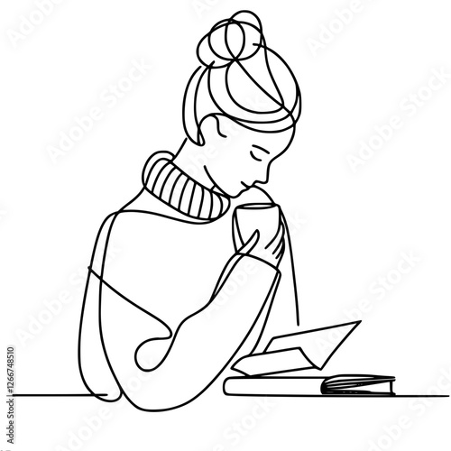 Linear contour simple vector drawing of a woman sitting at a table in a fluffy sweater, holding a cup, with a book. Cozy look