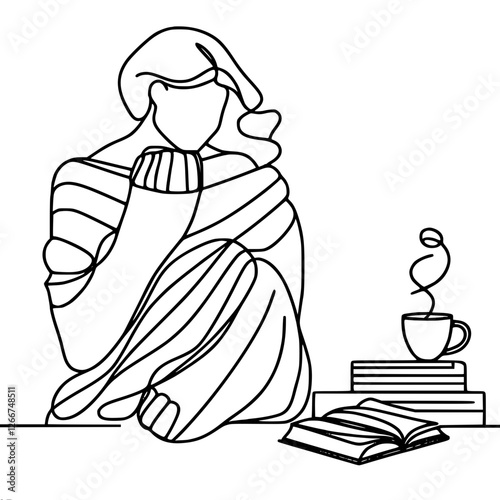 Silhouette of a girl with a cup of tea in a voluminous sweater with a cup of tea and a book, one-line vector contour drawing