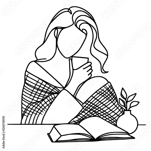 Linear contour simple vector drawing of a woman sitting at a table under a shawl, holding a cup, with a book. Cozy look