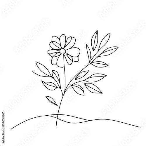 Linear outline vector drawing of a flower with one stem and several leaves, creating a sense of simplicity and natural beauty.