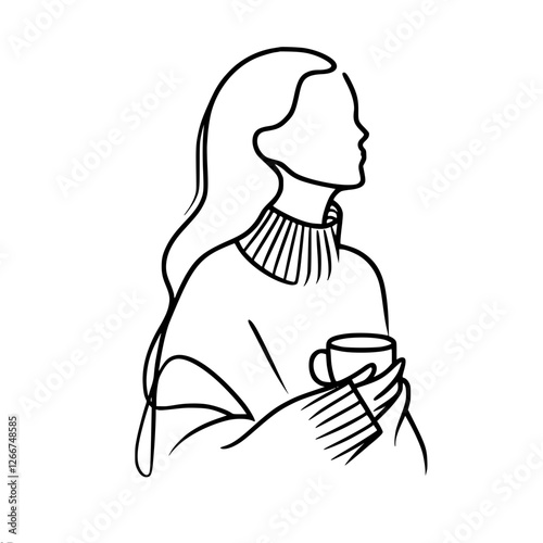 Linear contour simple vector drawing of a pensive woman in a cozy sweater holding a cup. Minimalistic style.