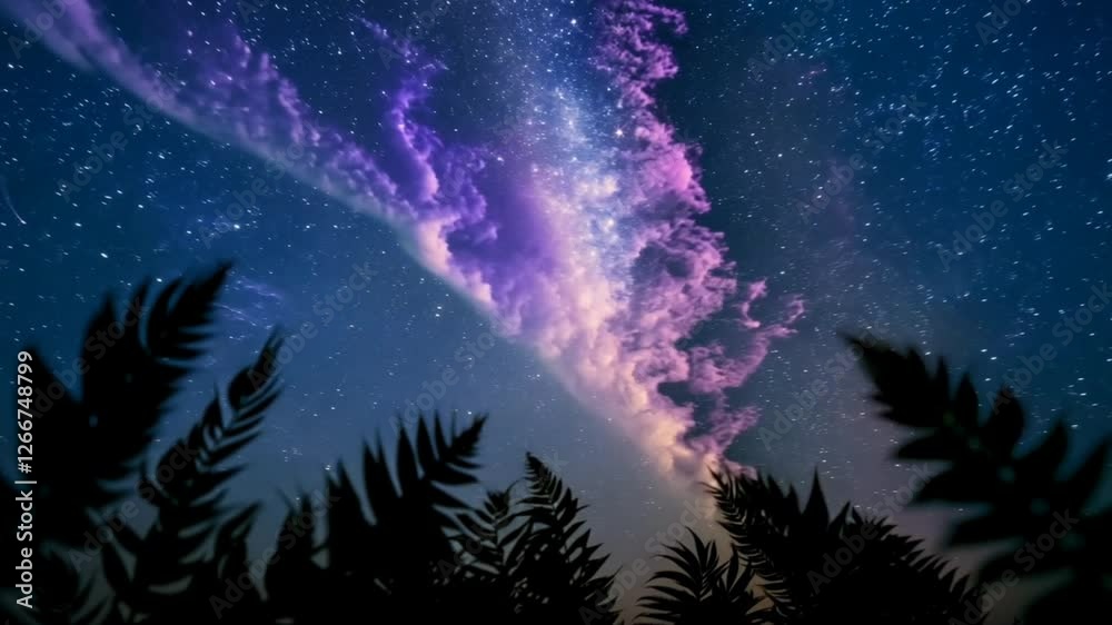 Stunning starry night sky with vibrant purple galaxy and silhouetted leaves in mystical cosmic view. Astronomy concept

