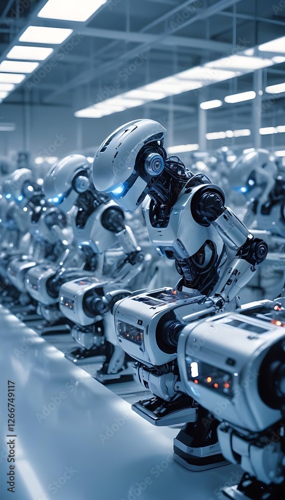 Fototapeta premium Robotic Workers Assemble Products on Assembly Line