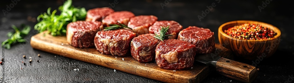 Fresh Cuts of Beef Steak and Ground Meat on Butcher Table Fresh Cuts of Beef Steak and Ground Meat on Butcher Table