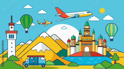 Colorful cartoon landscape, travel destinations, iconic landmarks, hot air balloons, commercial airplane