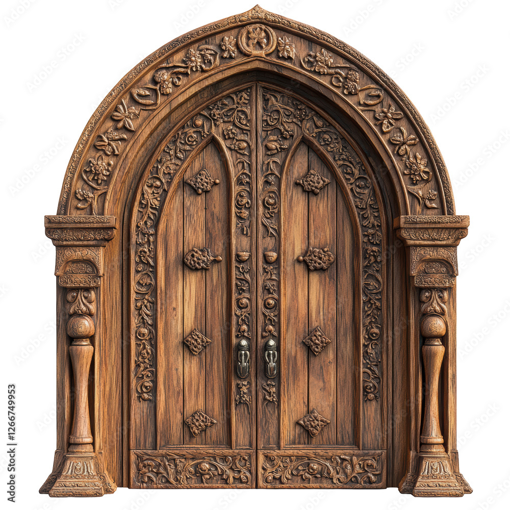 Isolated Ornate Carved Wooden Double Door with Embellishments Isolated Ornate Carved Wooden Double Door with Embellishments