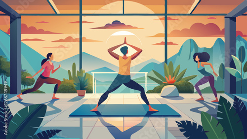 Yoga studio with ocean view, sunset sky, floor-to-ceiling windows, three people practicing yoga poses, tropical plants, geometric floor tiles, warm lighting, serene atmosphere, vector art style