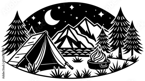 night scene, camping, mountain landscape, crescent moon, stars, pine trees, tent, campfire, lake, oval composition, black and white illustration, woodcut style, detailed linework, outdoor adventure