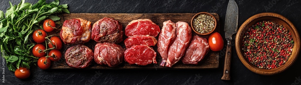 Fresh Cuts of Raw Beef Steaks Chops Hamburger Patties on Butcher Table Fresh Cuts of Raw Beef Steaks Chops Hamburger Patties on Butcher Table