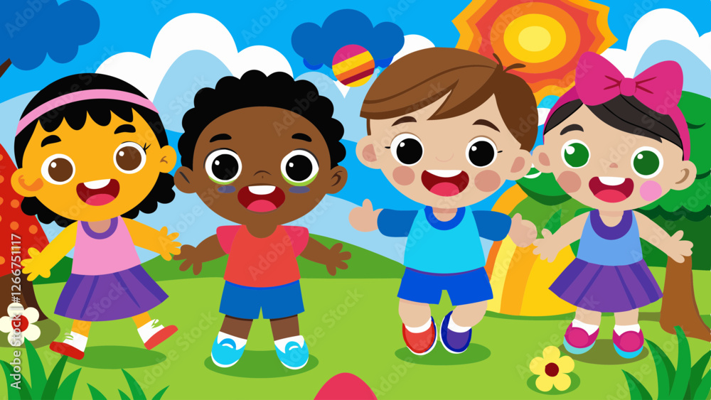 Cartoon children playing outdoors illustration, sunny day, smiling kids, diverse group, playful poses Cartoon children playing outdoors illustration, sunny day, smiling kids, diverse group, playful poses