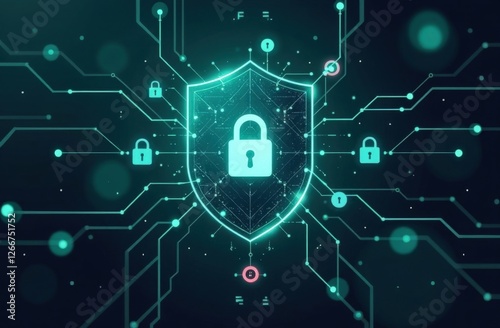 Digital security concept with shield and circuit lines