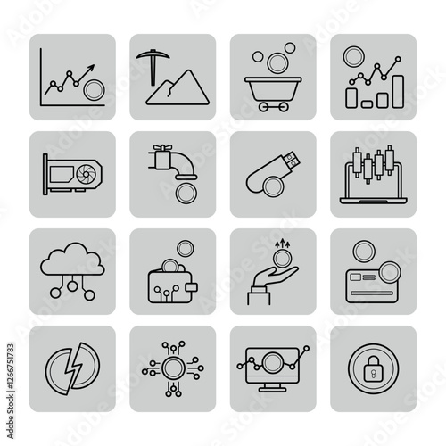 Set of line icons related to finance, including graphs, data analytics, currency management, and security. Financial activities concept
