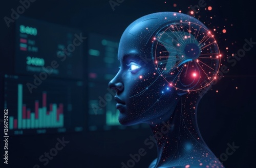 Futuristic ai concept art depicting digital brain of female android