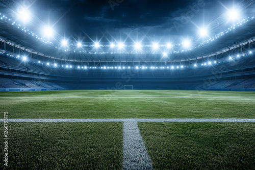 Illuminated soccer stadium at night with a perfectly maintained grass field, bright floodlights, and a competitive atmosphere.