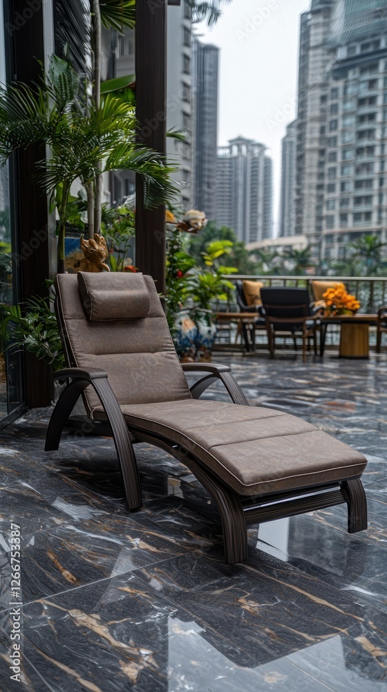 Brown lounge chair on city balcony with plants Brown lounge chair on city balcony with plants