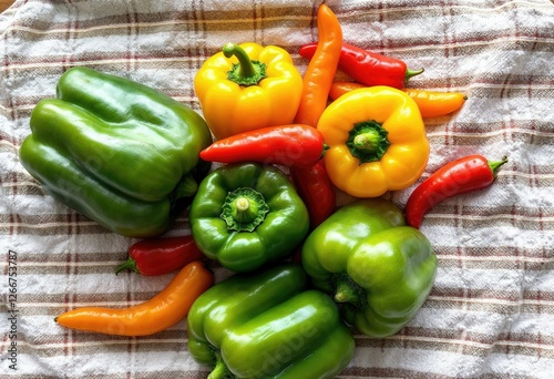 mixed bell peppers on a checked towel