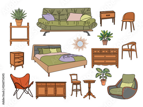 Furniture set for modern home interior design. Trendy house decor, sofa, couch, chair, armchair bed, chest of drawers. Apartment room items. Flat vector illustrations isolate, transparent background.