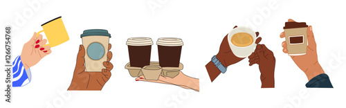 Different hands holding cups, mugs with coffee, cappuccino, latte, tea top, side view colorful drawings. Vector hand drawn flat illustrations isolated on transparent background.