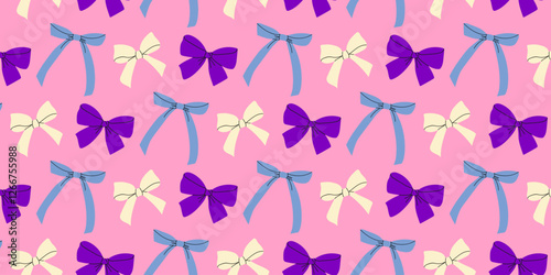 Colorful bow pattern on pink background creates vibrant and playful design for textiles
