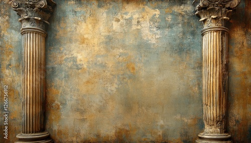 Antique weathered stone columns flanking a textured, antique wall background, showcasing a vintage, aged style. The warm, earthy tones of the wall include muted browns, grays, and hints of beige