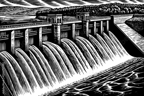 beautiful dam on the river in forest landscape black and white hand drawn sketch