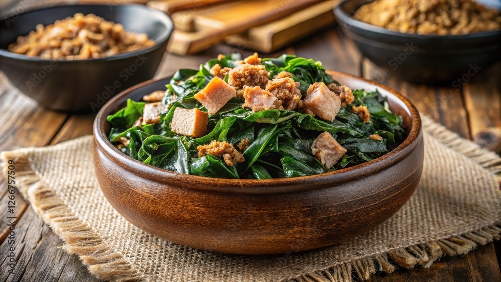Savory Leafy Greens with Crispy Toppings in a Rustic Bowl Savory Leafy Greens with Crispy Toppings in a Rustic Bowl