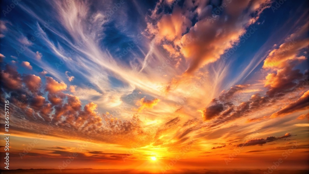 A breathtaking panorama of a vibrant sunset, showcasing a majestic display of fiery hues and dramatically swirling clouds, creating a captivating and awe-inspiring celestial spectacle. A breathtaking panorama of a vibrant sunset, showcasing a majestic display of fiery hues and dramatically swirling clouds, creating a captivating and awe-inspiring celestial spectacle.
