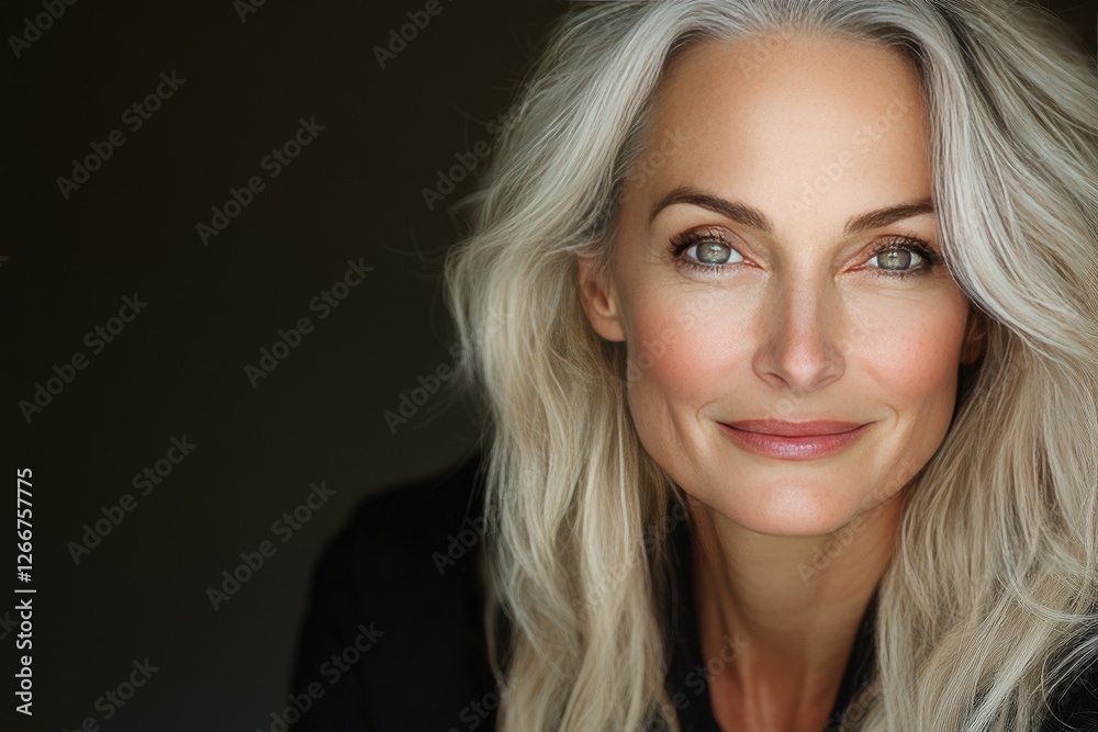 Confident Woman with Long Silver Hair and Radiant Smile Against Dark Background Confident Woman with Long Silver Hair and Radiant Smile Against Dark Background