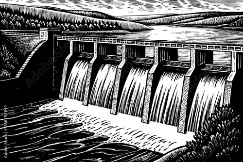 beautiful dam on the river in forest landscape black and white hand drawn sketch