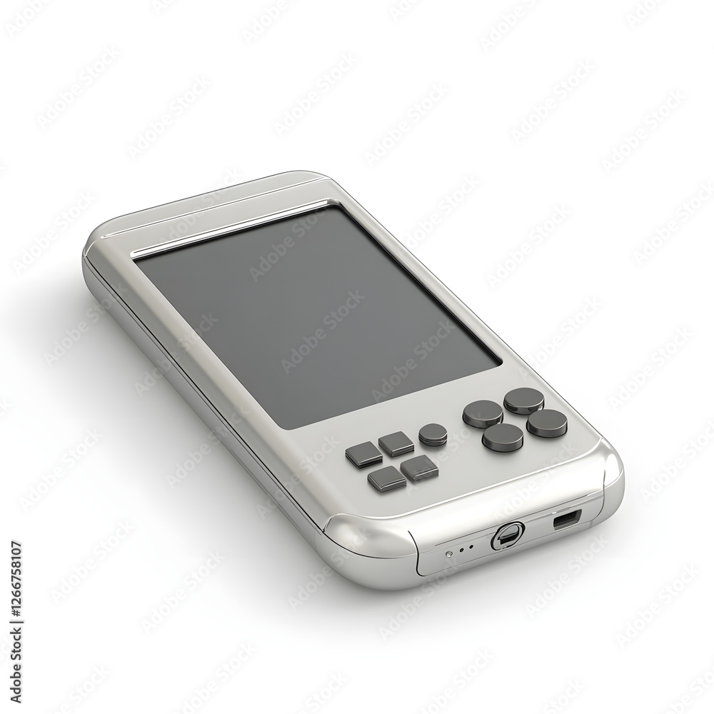A silver-colored handheld gaming device with a touchscreen display and several buttons on the front and sides. A silver-colored handheld gaming device with a touchscreen display and several buttons on the front and sides.