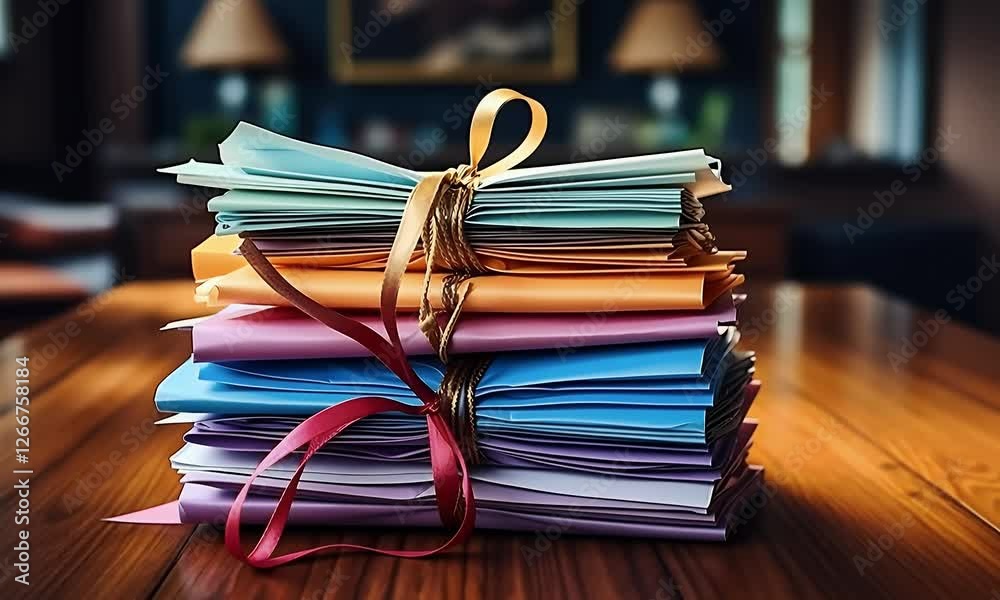 Colorful papers tied with ribbon on wooden table, home office background