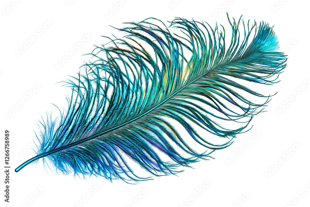 Obraz premium a iridescent teal feather isolated on white background.