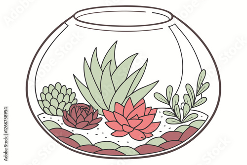  Photograph of a clear glass terrarium, filled with various types of small, low-maintenance succulents and cacti. The terrarium has a round shape with a wide base and a narrow opening at the top. Th