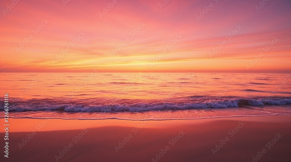 Fototapeta premium A stunning seascape with pink, orange, and purple hues painting the sky as the sun dips below the horizon. The calm waves reflect the colors, creating a breathtaking view.