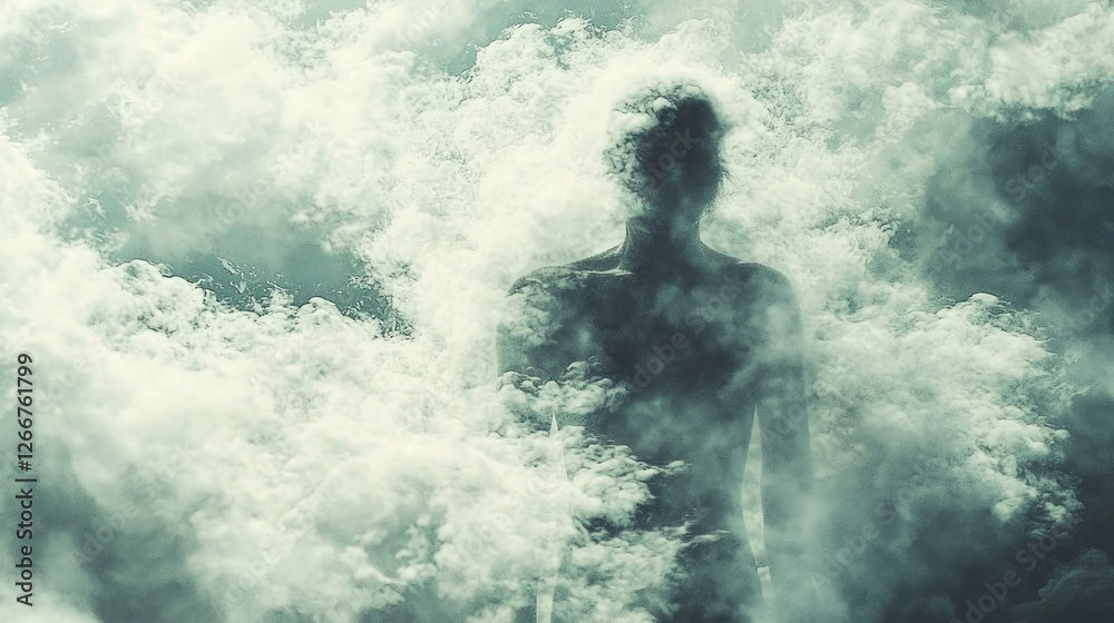 Fototapeta premium Silhouette figure shrouded in clouds; ethereal, moody atmosphere