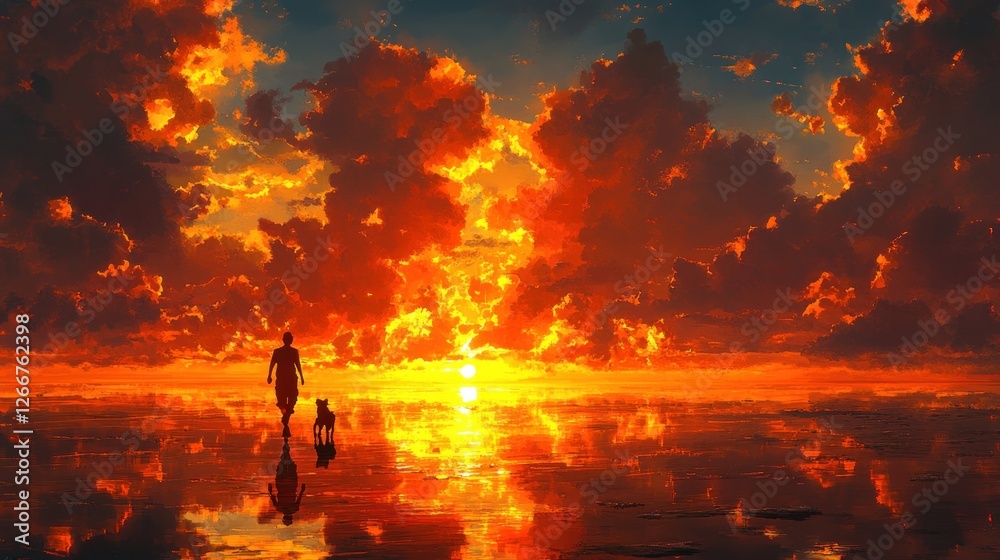 Running with Dog on Beach at Sunset Illustration Painting Running with Dog on Beach at Sunset Illustration Painting
