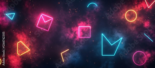 Colorful neon geometric shapes floating in a dark cosmic background with vibrant effects