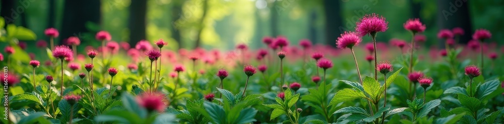 Dense Black Knapweed colony thriving in shaded woodland setting , wild plants, ecology, colony Dense Black Knapweed colony thriving in shaded woodland setting , wild plants, ecology, colony