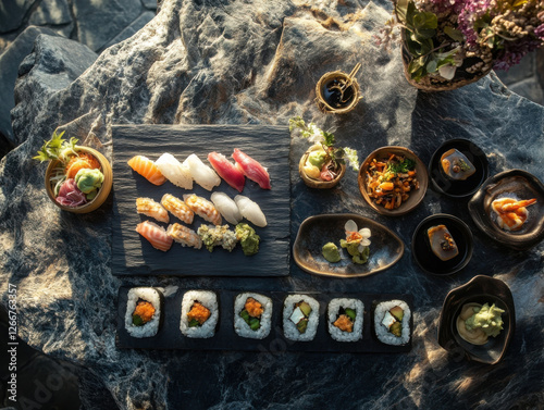 japanese sushi with wasabi on a dark stone background photo