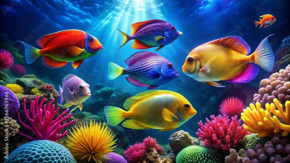 Vibrant Underwater Scene with Colorful Tropical Fish and Coral Reef Vibrant Underwater Scene with Colorful Tropical Fish and Coral Reef