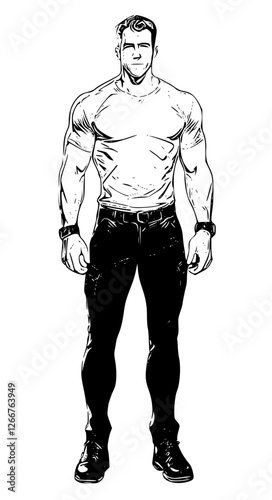 Illustration of a Muscular Man in Casual Jeans and t shirt

