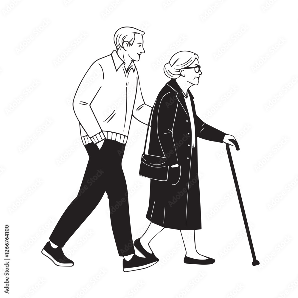 An old couple is walking with a cane vector An old couple is walking with a cane vector