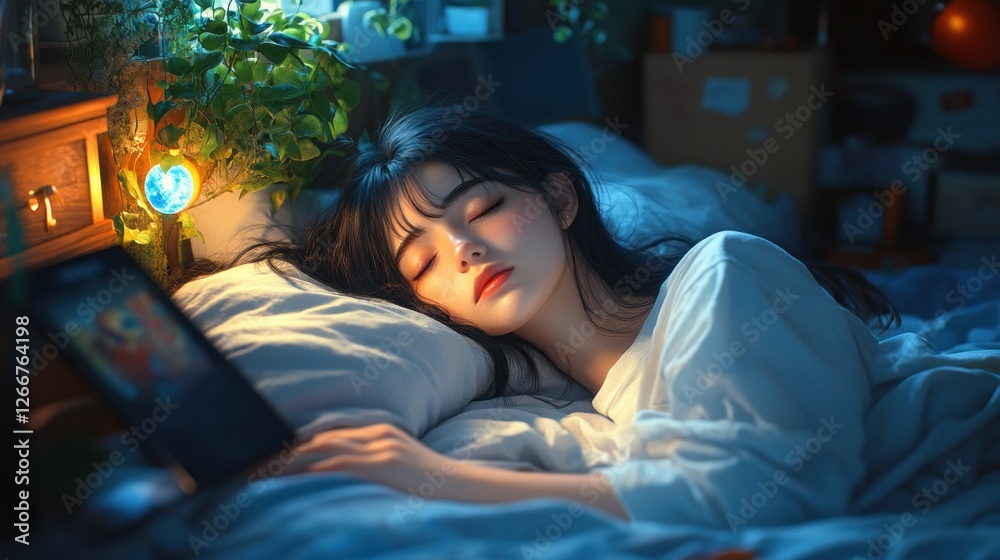 sleeping girl in cozy bedroom digital painting warm ambient lighting sleeping girl in cozy bedroom digital painting warm ambient lighting