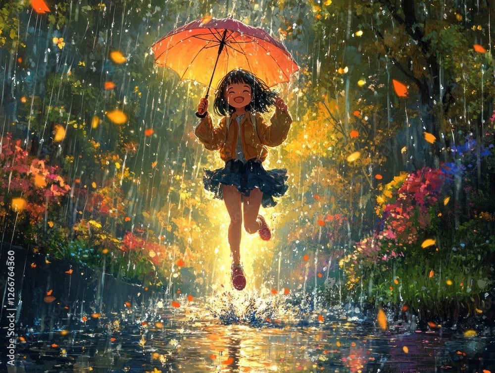 Fototapeta premium Cheerful girl jumping in puddle playing in rain with friends enjoying fun and laughter in the park