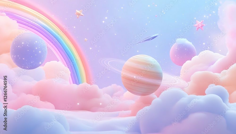 Fototapeta premium Pastel Planets, Rainbow, and Cloudscape: A Dreamy Space Fantasy